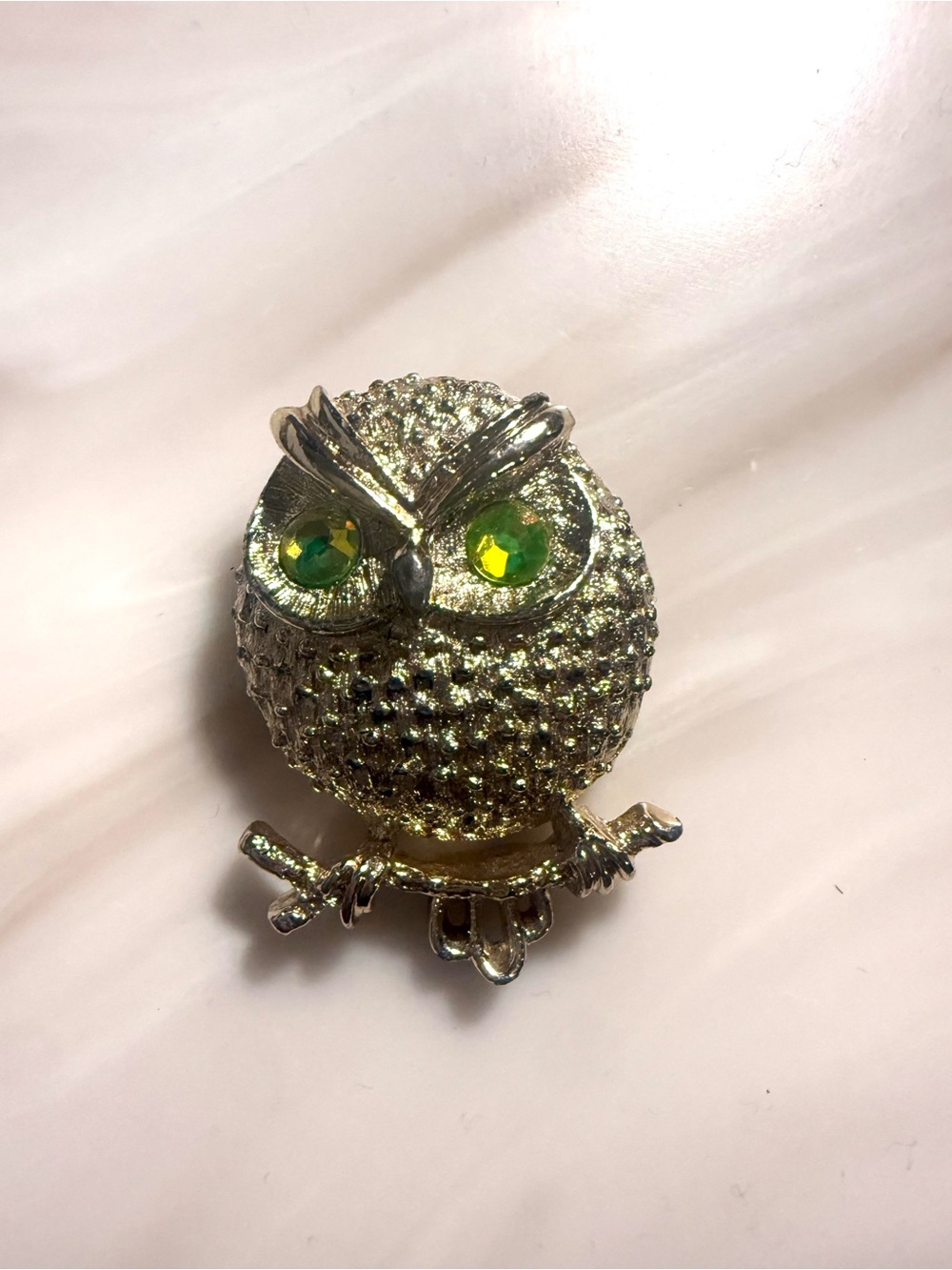 Silver Owl Decorative Figurine with Green Crystal Eyes